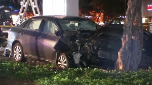 The damaged car Isaiah Peoples is accused of using to target people he thought were Muslim is seen on April 24, 2019, in Sunnyvale. (Credit: KGO via CNN)