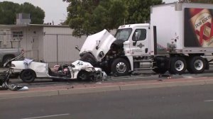 The scene of a crash in Santa Ana is shown on May 13, 2019. (Credit: KTLA)