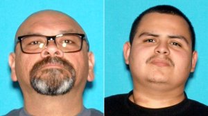 Michael Levario, 48, of San Bernardino, left, and Matthew Luna, 18, of San Bernardino, pictured in photos released by the San Bernardino Police Department following their arrested on May 25, 2019.