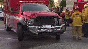 A woman was critically injured after her car collided with an ambulance in the Harbor Gateway neighborhood of Los Angeles on June 29, 2019. (Credit: KTLA)
