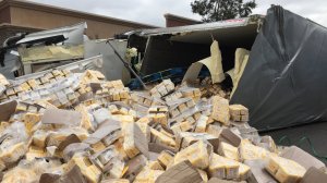 A big rig crashed on the 10 Freeway in Banning, spilling 40,000 pounds of vegetable spread onto the roadway on June 21, 2019. (Credit: California Highway Patrol)