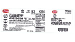 The label for Tyson's "Fully Cooked, Whole Grain Golden Crispy Chicken Chunk Fritters" appears in an image released by the company in June 2019. 