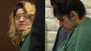 Jackee Raquel Contreras, left, and Jennifer Rachel Contreras appear in a Victorville courtroom on April 30, 2019. (Credit: KTLA)