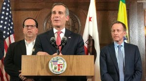 L.A. Mayor Eric Garcetti, center, speaks on Jan, 22, 2019 after a contract agreement was reached between the L.A. teachers union and the school district. Behind him are union President Alex Caputo-Pearl, left, and L.A. Unified Supt. Austin Beutner. (Credit: Al Seib / Los Angeles Times)