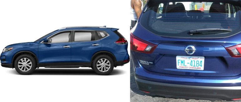 The Nissan Rouge SUV sought in connection with a homicide in Gardena, right, and a stock image of the same vehicle are seen in images released June 5, 2019, by the Gardena Police Department.