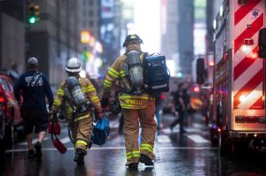Firemen are seen after a helicopter crash-landed on top of a building in Midtown Manhattan in New York on June 10, 2019. (Credit: JOHANNES EISELE/AFP/Getty Images)
