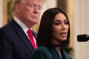 Kim Kardashian speaks alongside Donald Trump during a second chance hiring and criminal justice reform event at the White House on June 13, 2019. (Credit: SAUL LOEB/AFP/Getty Images)