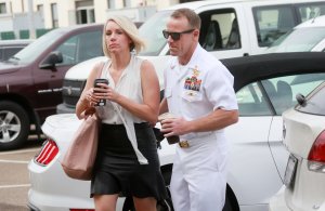 Navy Special Operations Chief Edward Gallagher walks into military court in San Diego with his wife Andrea Gallagher on June 21, 2019. (Credit: Sandy Huffaker / AFP / Getty Images)
