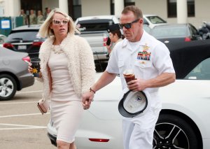 Navy Special Operations Chief Edward Gallagher walks into military court with his wife Andrea Gallagher June 24, 2019, in San Diego, California. (Credit: Sandy Huffaker/Getty Images)