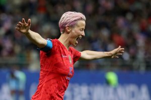 Megan Rapinoe of the USA celebrates after scoring her team's ninth goal during the 2019 FIFA Women's World Cup France group F match between USA and Thailand at Stade Auguste Delaune on June 11, 2019, in Reims, France. (Credit: Robert Cianflone/Getty Images)