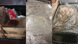 Open packaged raw meat and food items leaking blood, not relabeled and dated, observed by OIG at the Essex facility on July 24, 2018 (left); food not properly labeled or stared at LaSalle facility on August 7, 2018 (center); and unlabeled food with no description or date at Aurora facility on November 6, 2018 (right). (Credit: Office of Inspector General/DHS)