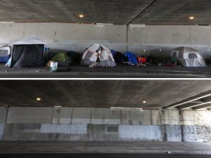 Tents line the north side of Venice Boulevard under the 405 Freeway overpass, in the city of Los Angeles, top photo. Across the street, in Culver City, there are no tents. (Credit: Francine Orr / Los Angeles Times)