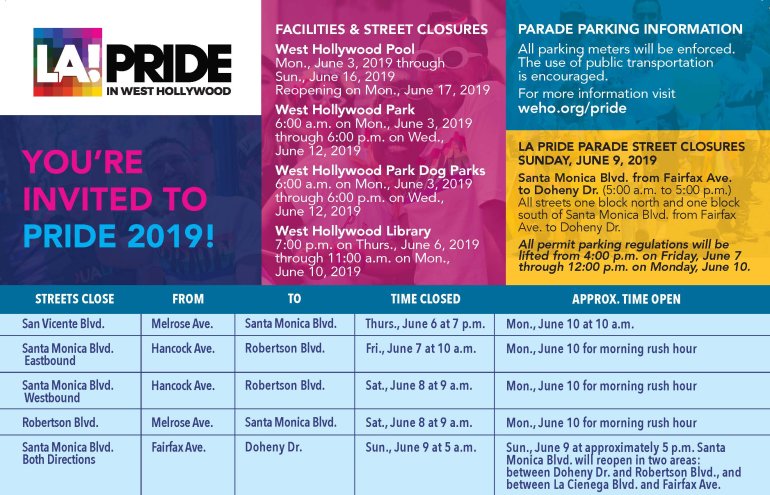 L.A. Pride released this schedule of street closures in West Hollywood in June 2019. 