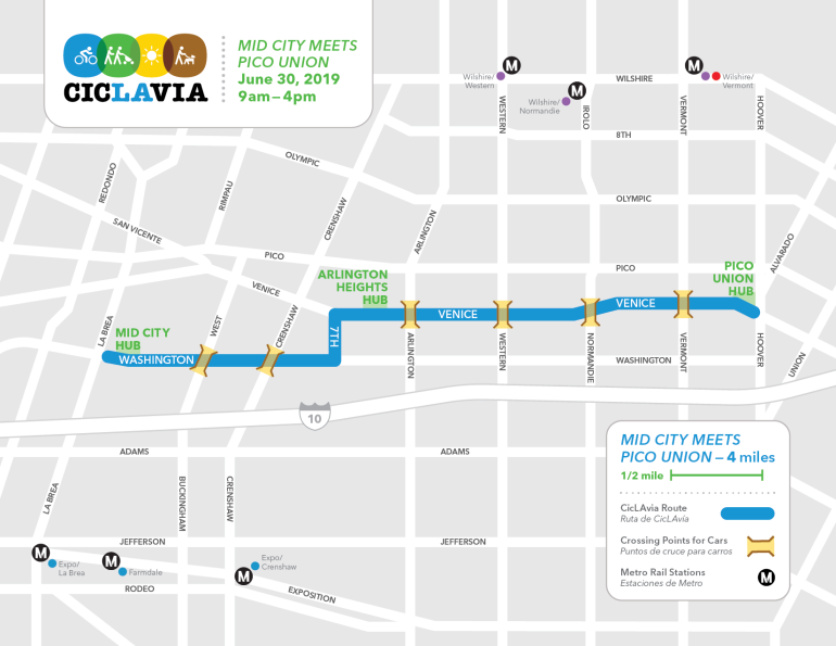 A map shows the route for CicLAvia's "Mid-City Meets Pico Union" event on June 30, 2019.