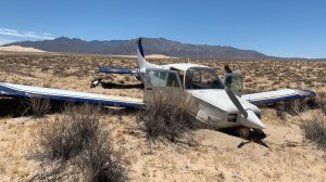 A pilot and passenger escaped harm following an emergency airplane landing in the Mojave National Preserve near Ludlow on June 30, 2019. (Credit: San Bernardino Fire Department)