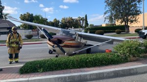 A small airplane made an emergency landing on Fullerton streets on June 20, 2019. (Credit: KTLA)
