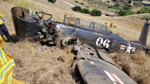 A pilot died when a small airplane crashed in a canyon near Porter Ranch on June 15, 2019. (Credit: Los Angeles Fire Department)