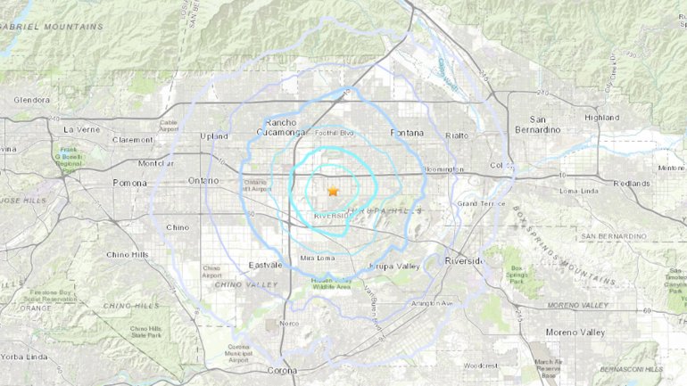 A USGS map shows the location of a magnitude 3.3 earthquake that struck the Glen Avon area on June 2, 2019.