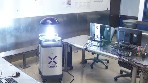 LAPD's '"germ-zapping" robot is seen at the Central station on June 28, 2019. (Credit: KTLA)