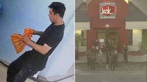 The suspected gunman is seen in surveillance images provided by the Los Angeles County Sheriff's Department on June 10, 2019. On the right, an Alhambra Jack in the Box. (Credit: KTLA)