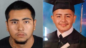 Marcos Medina, one of the suspects in the Feb. 22, 2019, killing of David Amaro-Poblano, is seen in a photo released by Gardena police on June 4, 2019. Amaro-Poblano is seen on the right in a photo posted to a GoFundMe page for his funeral expenses.