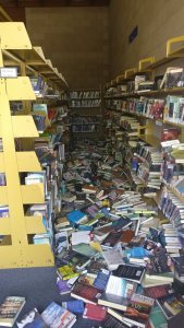 Books cover the floor at a library in Ridgecrest after a magnitude 6.4 earthquake hit the area on July 4, 2019. (Credit: Curtis Sarad / Kern County Library - Ridgecrest Branch)
