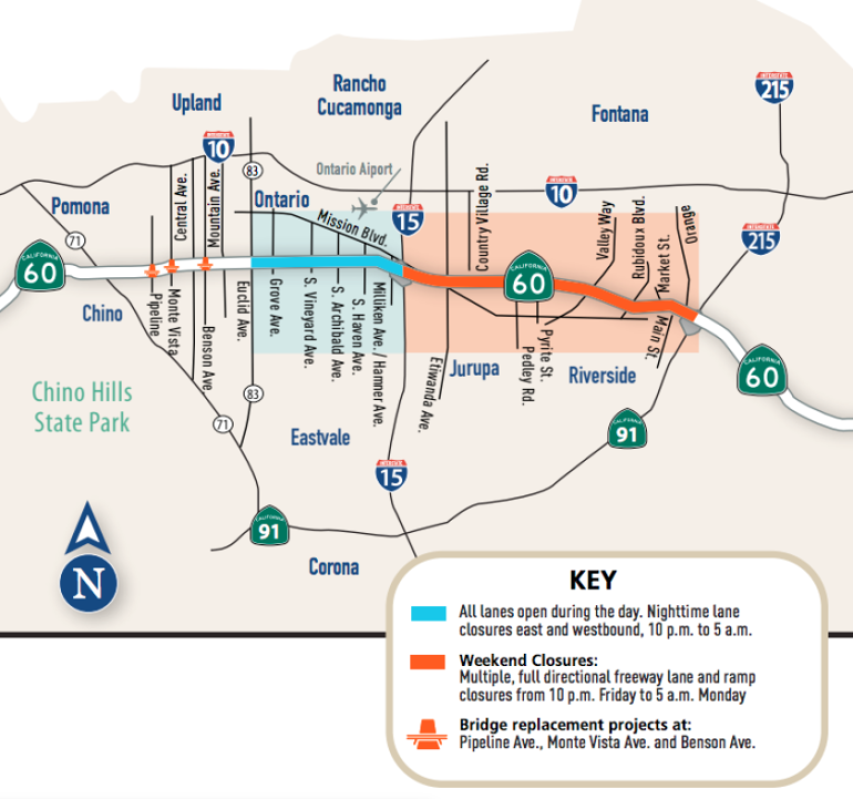 A map shows the 60 Swarm closures set to begin on July 22, 2019. (Credit: Caltrans via L.A. Times) 