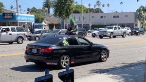 A man in a clown costume leads the California Highway Patrol on a chase through Venice on July 20, 2019. (Credit: Chuck Patton)