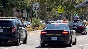 A man in a clown costume leads the California Highway Patrol on a chase through Venice on July 20, 2019. (Credit: Chuck Patton)