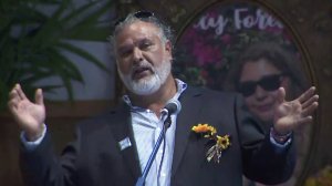 Albert Corado, whose daughter Melyda was fatally shot during a police shootout outside a Trader Joe's store in Silver Lake, speaks before a memorial service on July 1, 2019, a year after her death. (Credit: KTLA)