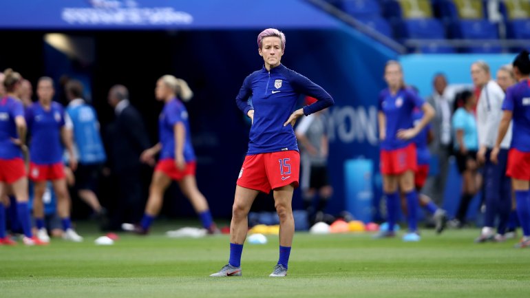 Megan Rapinoe of the USA looks on during the warm up prior to the 2019 FIFA Women's World Cup France Semi Final match between England and USA at Stade de Lyon on July 2, 2019, in Lyon, France. (Credit: Alex Grimm/Getty Images)