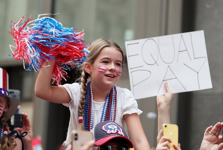 A fan looks on during the U.S. Women's National Soccer Team Victory Parade and City Hall Ceremony on July 10, 2019, in New York City. (Credit: Al Bello/Getty Images)