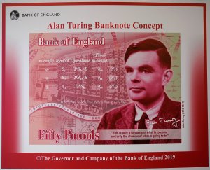 An artist's illustration of the Alan Turing 50 GBP bank note is unveiled by The Governor of the Bank of England, Mark Carney at the Manchester Science and Industry Museum on July 15, 2019 in Manchester, England. (Credit: Christopher Furlong/Getty Images)