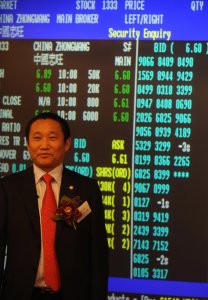 China Zhongwang Holdings Chairman Liu Zhongtian poses for pictures just after trading had started at the stock exchange in Hong Kong on May 8, 2009. (Credit: MIKE CLARKE/AFP/Getty Images)