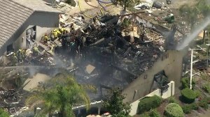 One person was killed and more than a dozen others hurt in an explosion that destroyed a home in Murrieta on July 15, 2019. (Credit: KTLA)