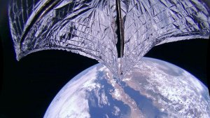 This de-distorted and color corrected image was taken during the LightSail 2 sail deployment sequence on 23 July 2019 at 11:48 a.m. (Credit: Planetary Society)