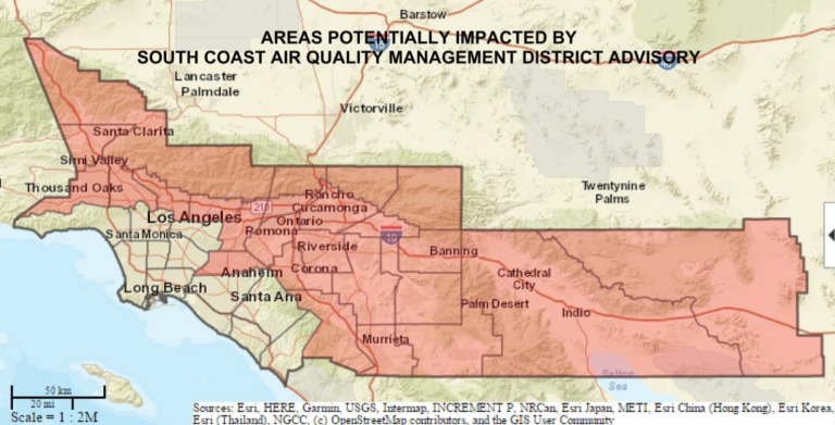 A map from South Coast Air Quality Management District shows the areas affected by a heat and smog advisory effective July 11 to July 16, 2019. 