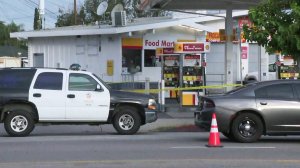 A woman was killed and a man critically injured at a Shell station in North Hollywood on July 25, 2019. (Credit: KTLA)
