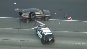 A police shooting on the 91 Freeway in Anaheim prompted a closure of all eastbound traffic lanes on July 5, 2019. (Credit: KTLA)