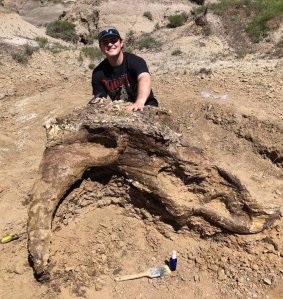 Harrison Duran, a fifth-year biology student at the University of California, Merced, uncovers the 65 million-year-old skull in the badlands of North Dakota in this photo obtained by CNN.