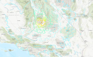 The epicenter of a magnitude 6.4 earthquake that struck east-northeast of Ridgecrest on July 4, 2019, is shown in a USGS map.