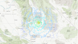 The epicenter of a magnitude 4.9 earthquake that struck east-northeast of Ridgecrest on July 12, 2019, is shown in a USGS map.
