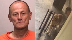 Le Van Loc is seen in an undated photo provided by the San Francisco Police Department. On the right, surveillance video shows the suspect untying the golden retriever's leash.