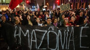 People protest against the government of Brazilian President Jair Bolsonaro over the fires in the Amazon rainforest in Sao Paulo, Brazil, on August 23, 2019. (Credit: Nelson Almeida/AFP/Getty Images)