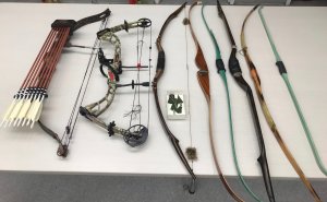 Multiple bows and arrows seized from a Big Bear City residence appear in a photo released by the San Bernardino County Sheriff's Department on Aug. 26, 2019.