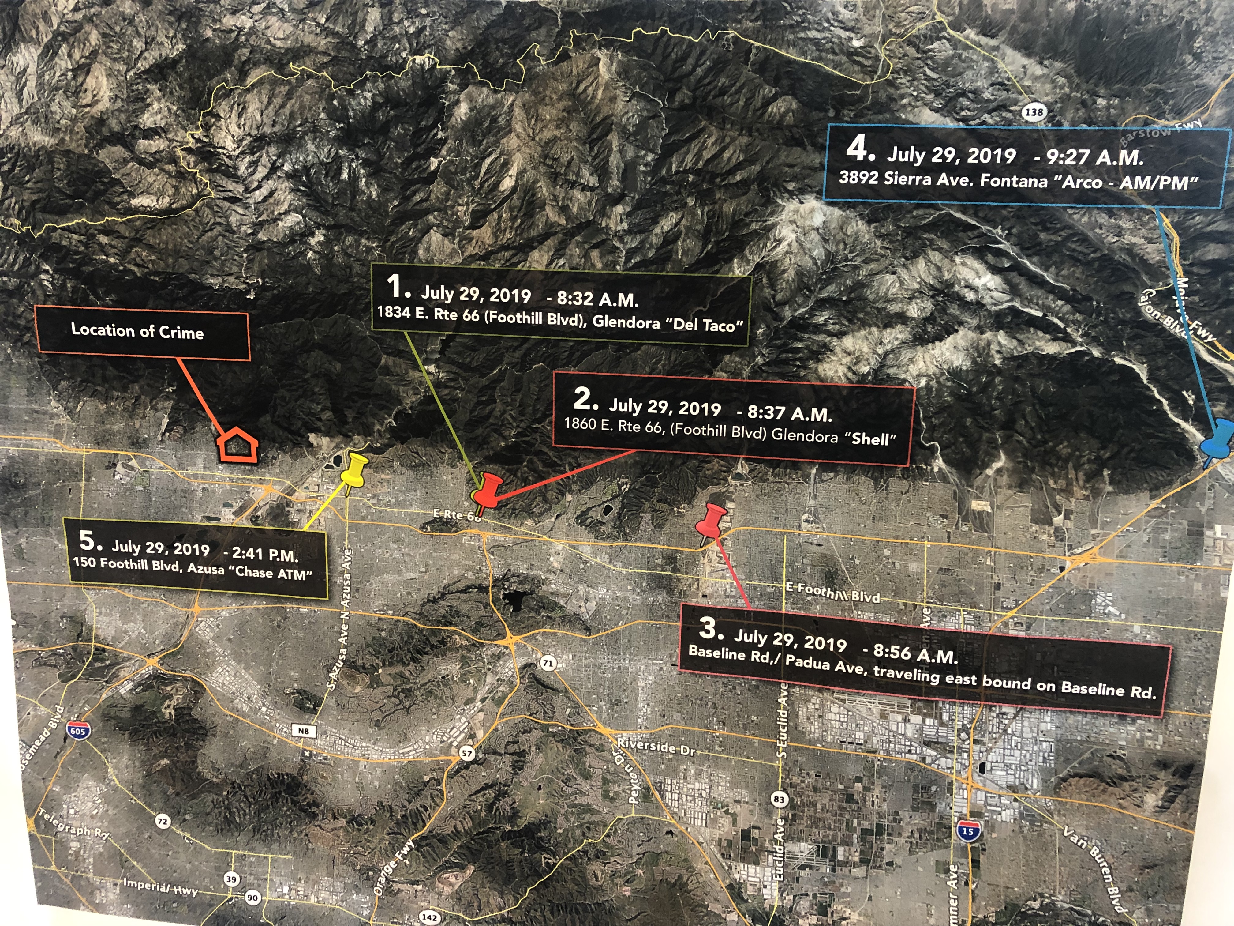 A map showing the whereabouts of Robert Camou after he allegedly kidnapped Amanda Custer was provided by the Los Angeles County Sheriff's Department on Aug. 8, 2019.