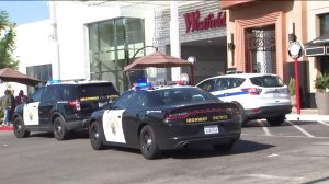 Police cars are seen outside the Westfield Topanga mall after reports of gunfire on Aug. 25, 2019. (Credit: KTLA)