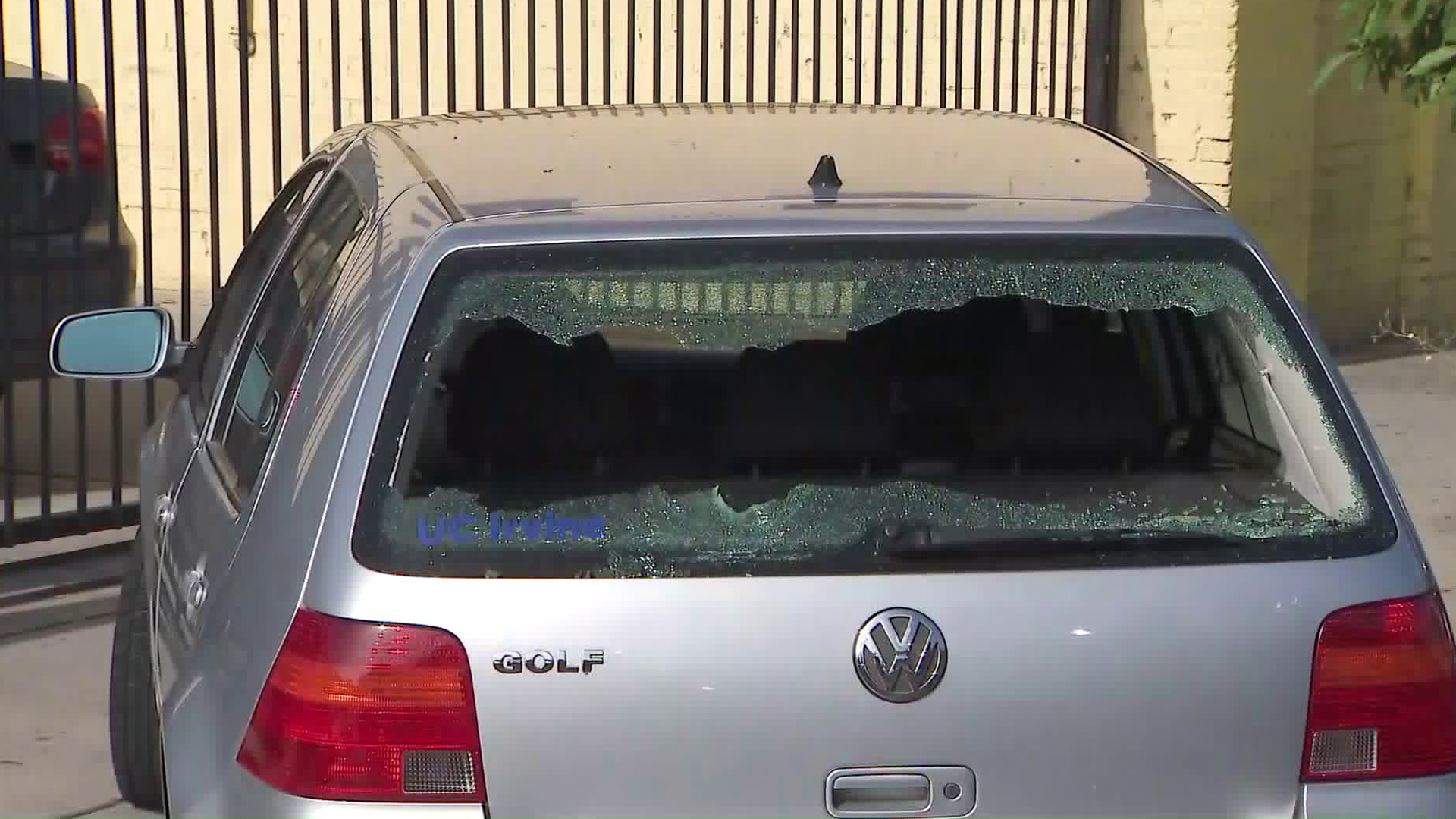 The shattered back window of a vehicle the victims were in prior to the shooting is seen on Aug. 15, 2019. (Credit: KTLA)