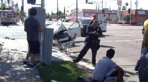 A car was struck by an SUV that was fleeing from police in North Hollwyood on Aug. 17, 2019. The driver was later determined to be a 13-year-old boy with special needs who had been reported missing. (Credit: Loudlabs)