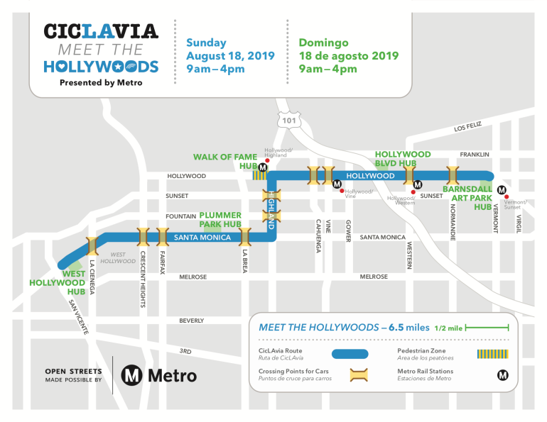 Ciclavia released this street closures map for the "Meet the Hollywoods" event on Aug. 18, 2019. 